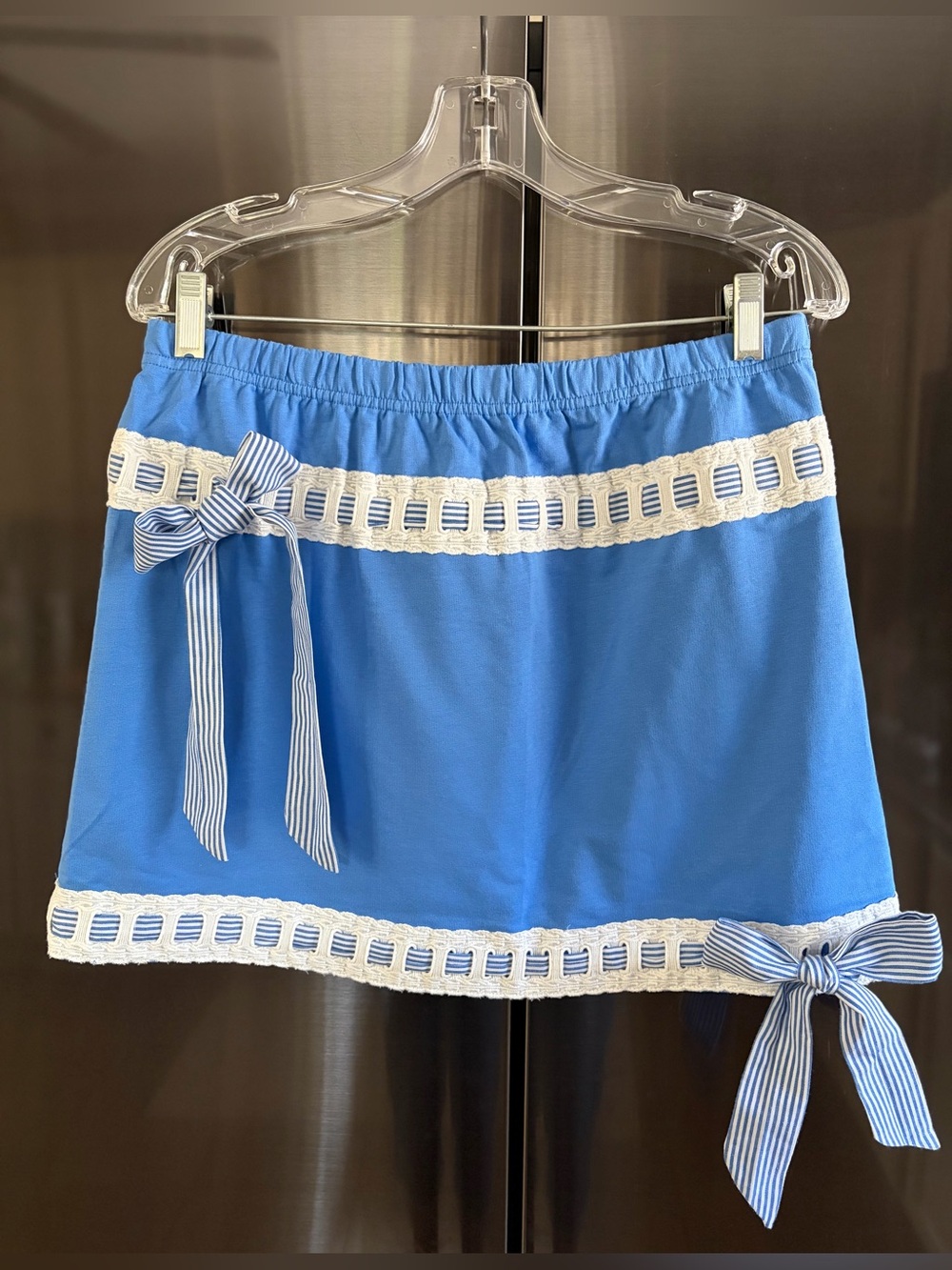 Peach Love Blue/White Lace-Trim Bow Detail Cottage Coastal Preppy Dainty Mini Sm